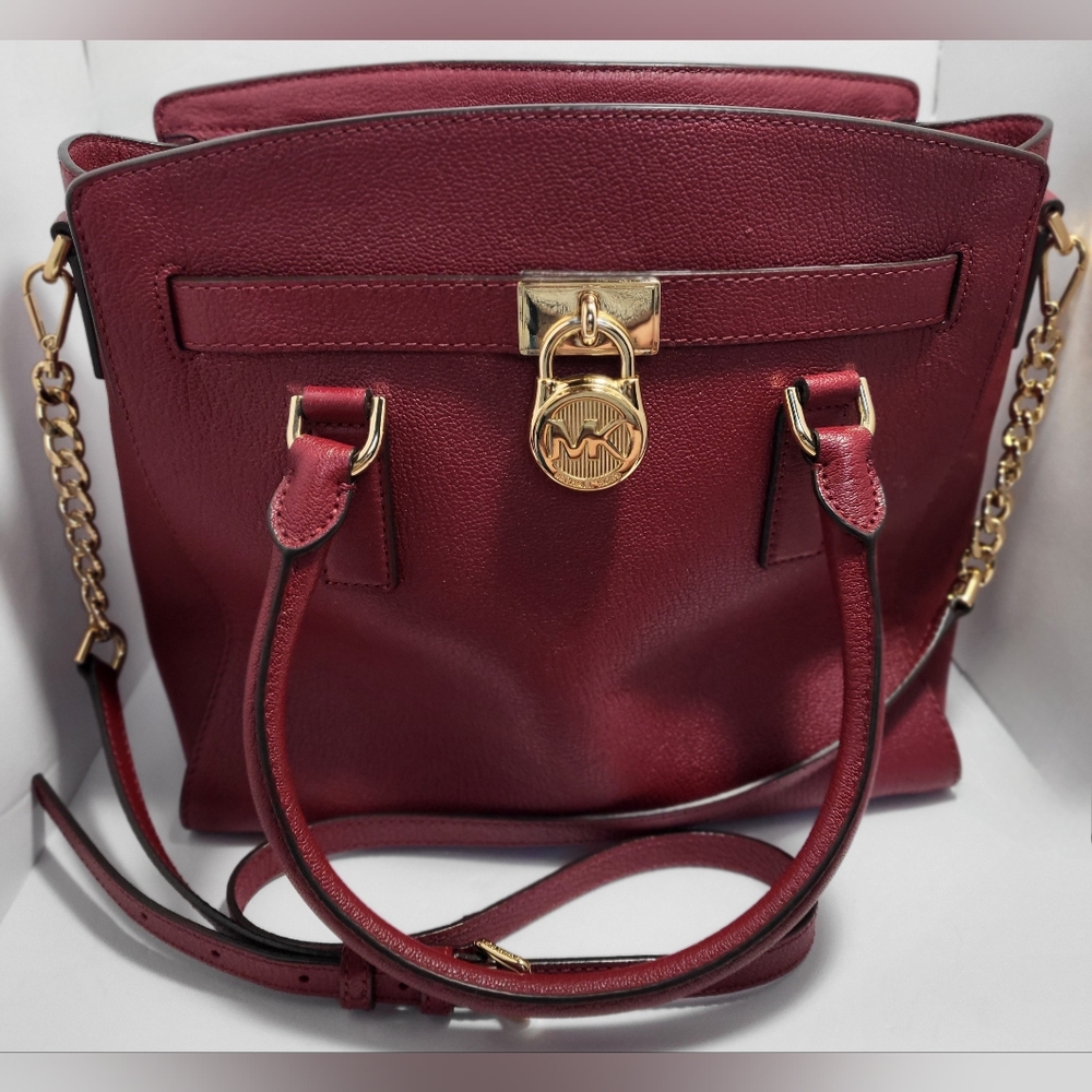 Michael Kors Large Hamilton Satchel Purse Red & Gold Chain & Accents Womens Bag